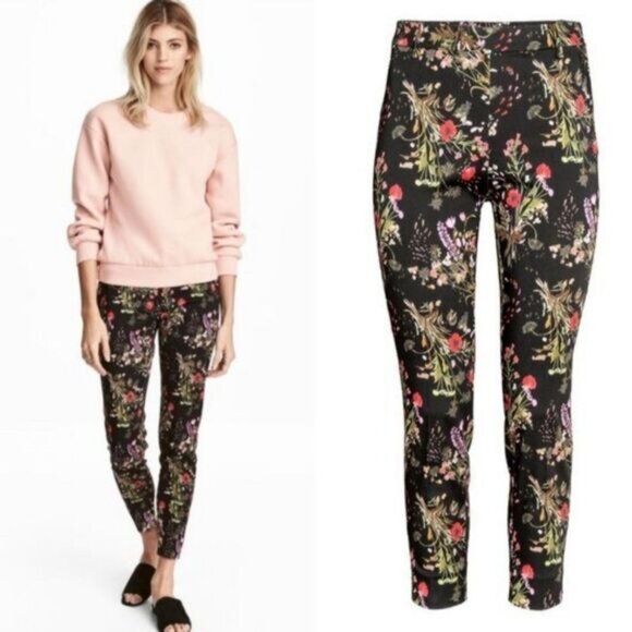 H&M Cigarette Straight Slim Floral Crop Trousers Black Sz 6 - Picture 1 of 10